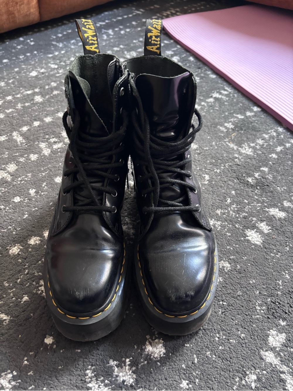 Dr. Martens Black Lace-Up Platform Boots with Yellow Stitching - Picture 2 of 6